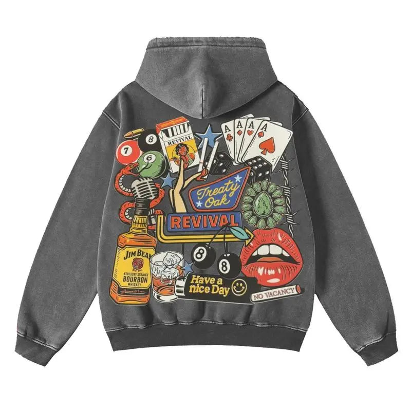 Retro Treaty Oak Revival Western Hoodie 100% Pure Cotton Thick Durable Loose Fit Vintage Bar Cowboy Graphic Rock Music Lover Hoodie for Spring Autumn