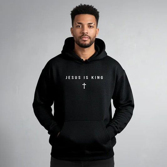 Men's Jesus Is King Cross Graphic Hoodie - Cotton Blend Black Long Sleeve Pullover Regular Fit | Soft & Breathable Fabric, Durable Print, Everyday Comfort, Machine Washable, minimalist religious daily wear