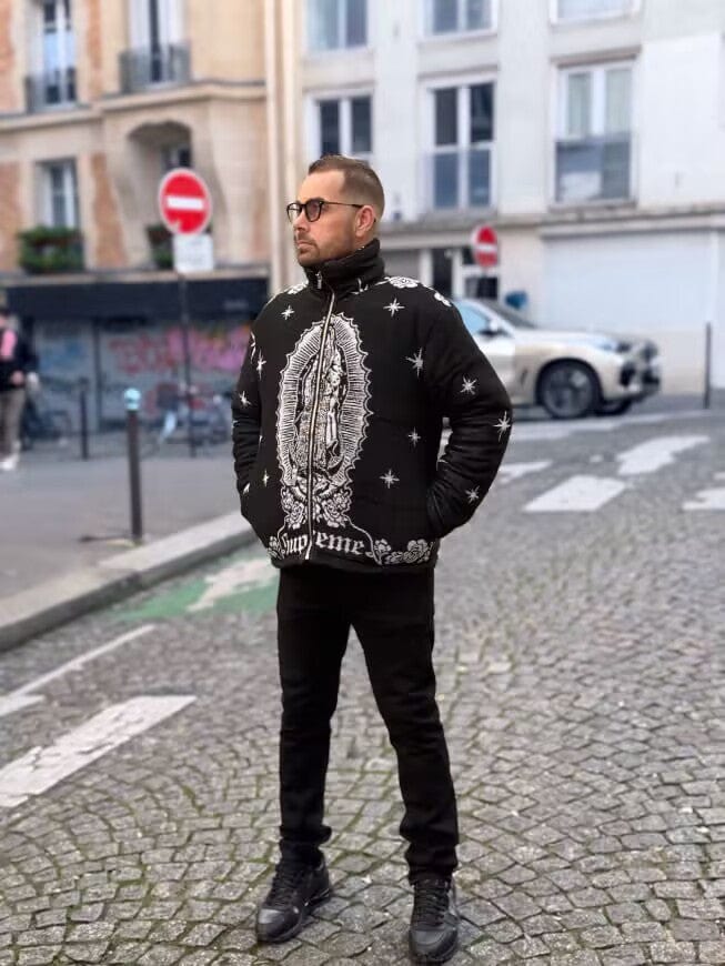 VIRGENCITA BLACK TAPESTRY JACKET - RDMCLOTHINGART