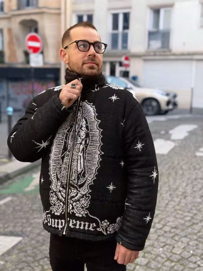 VIRGENCITA BLACK TAPESTRY JACKET - RDMCLOTHINGART