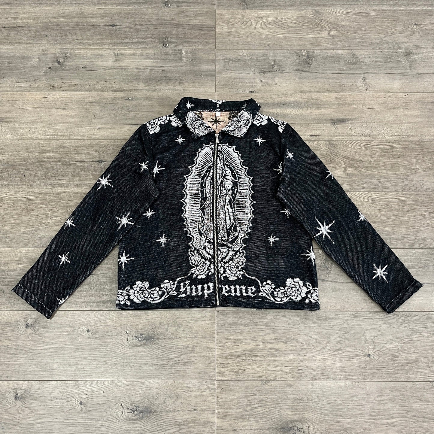 VIRGENCITA BLACK TAPESTRY JACKET - RDMCLOTHINGART